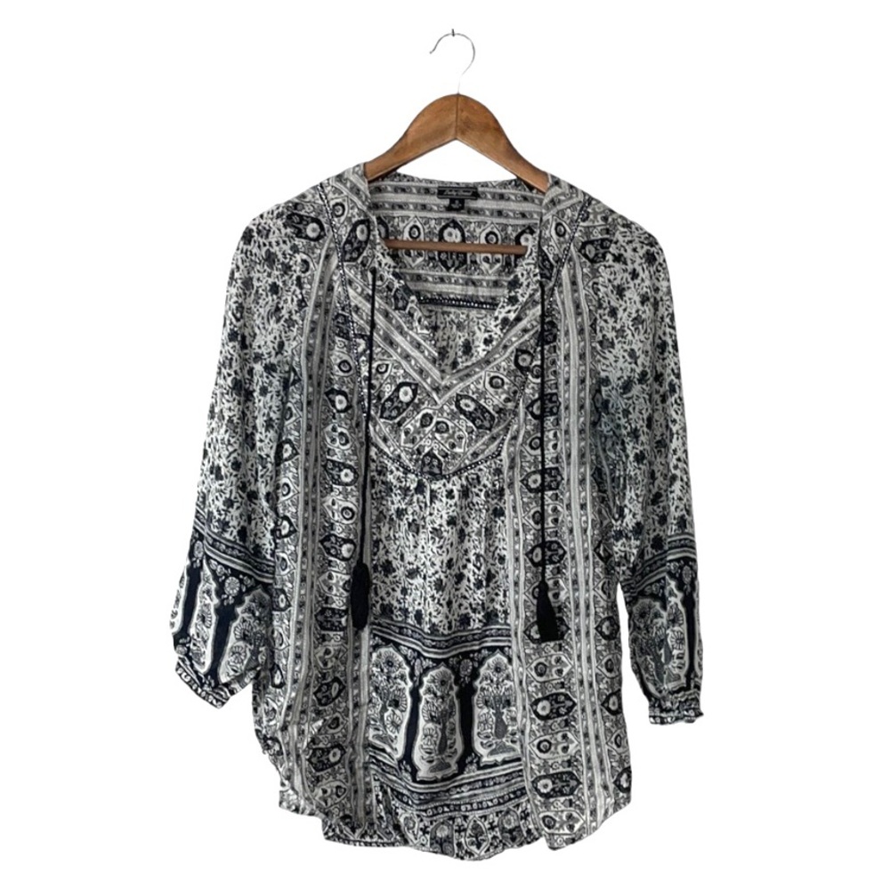Lucky Brand Leah Black Gray Floral Boho Peasant Long Sleeve Blouse Size Small - Picture 3 of 7